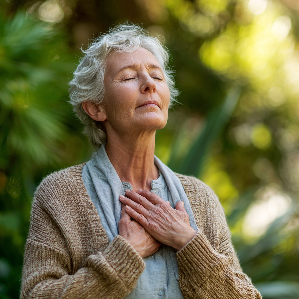 Elderly European woman peacefully practicing breathing meditation in yoga pose outdoors