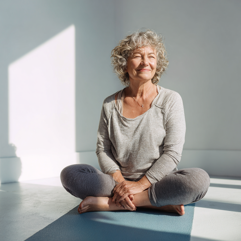 Serene elderly European man in comfortable yoga position with warm lighting creating peaceful atmosphere